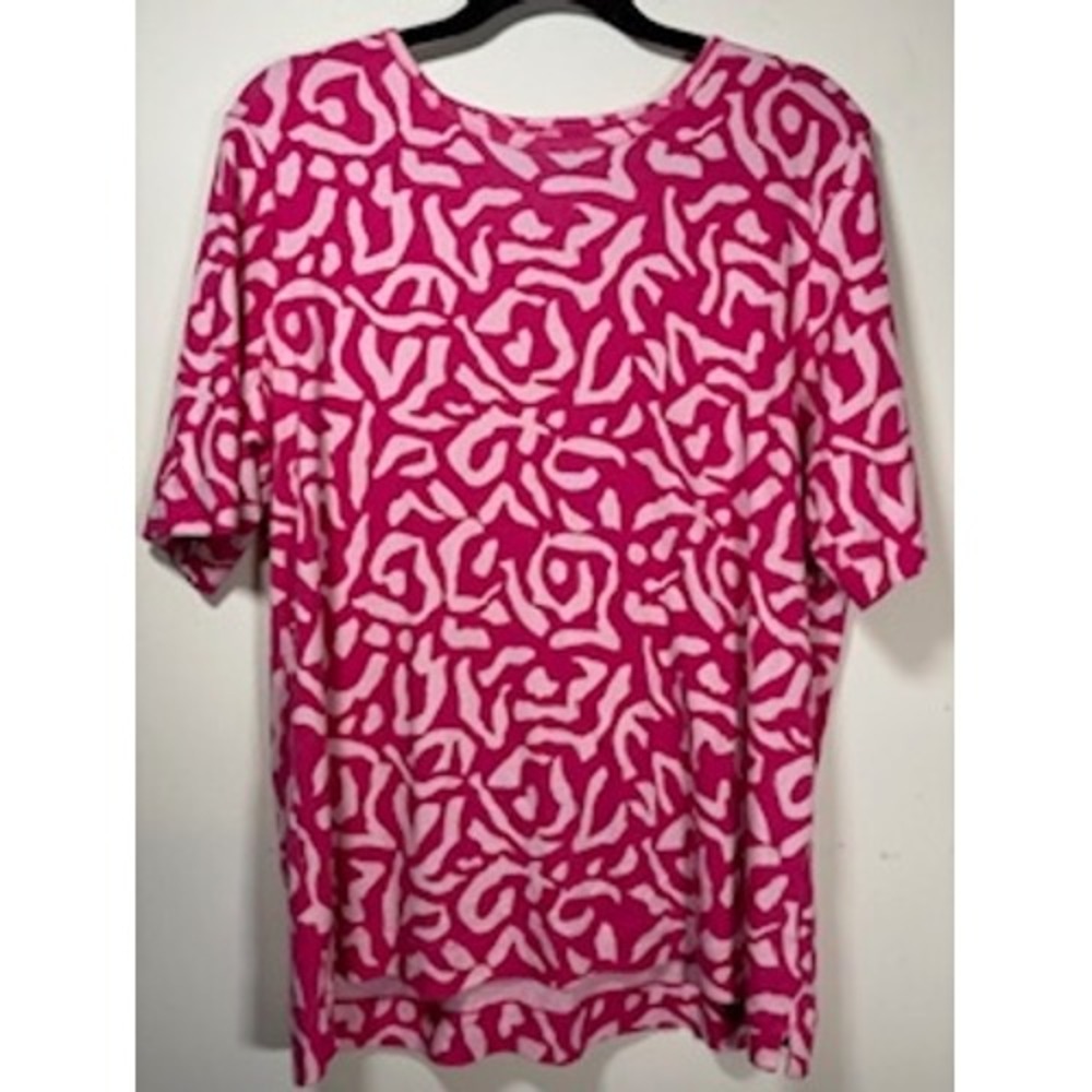 CHICO'S Short Sleeve Top XL 3 Pink Abstract Pima Cotton Graphic Tee Modern Soft
